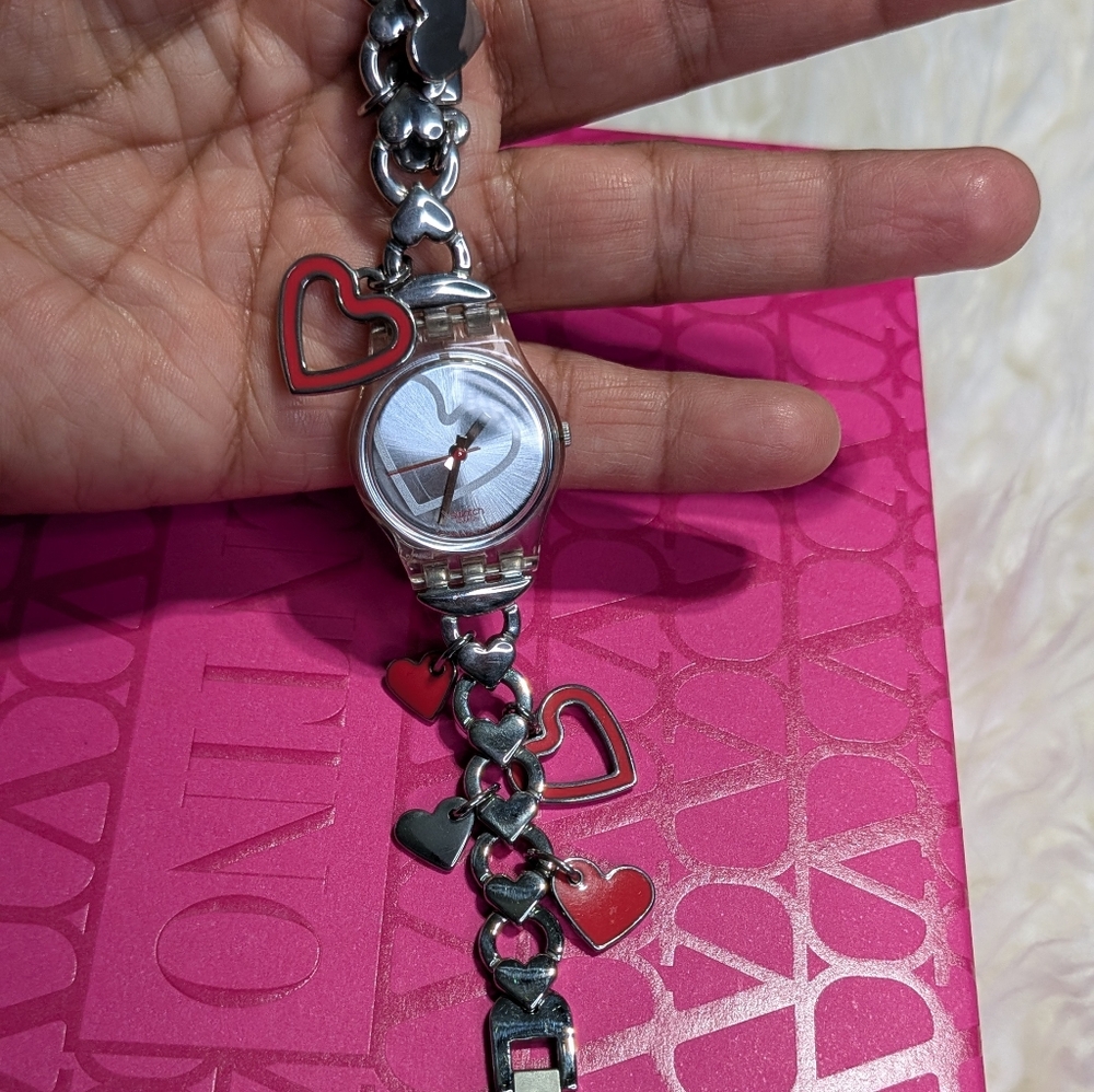 Swatch Silver and Red Heart Charm Watch